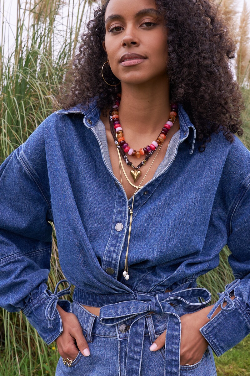 Dark blue wrap blouse with bows | My Jewellery