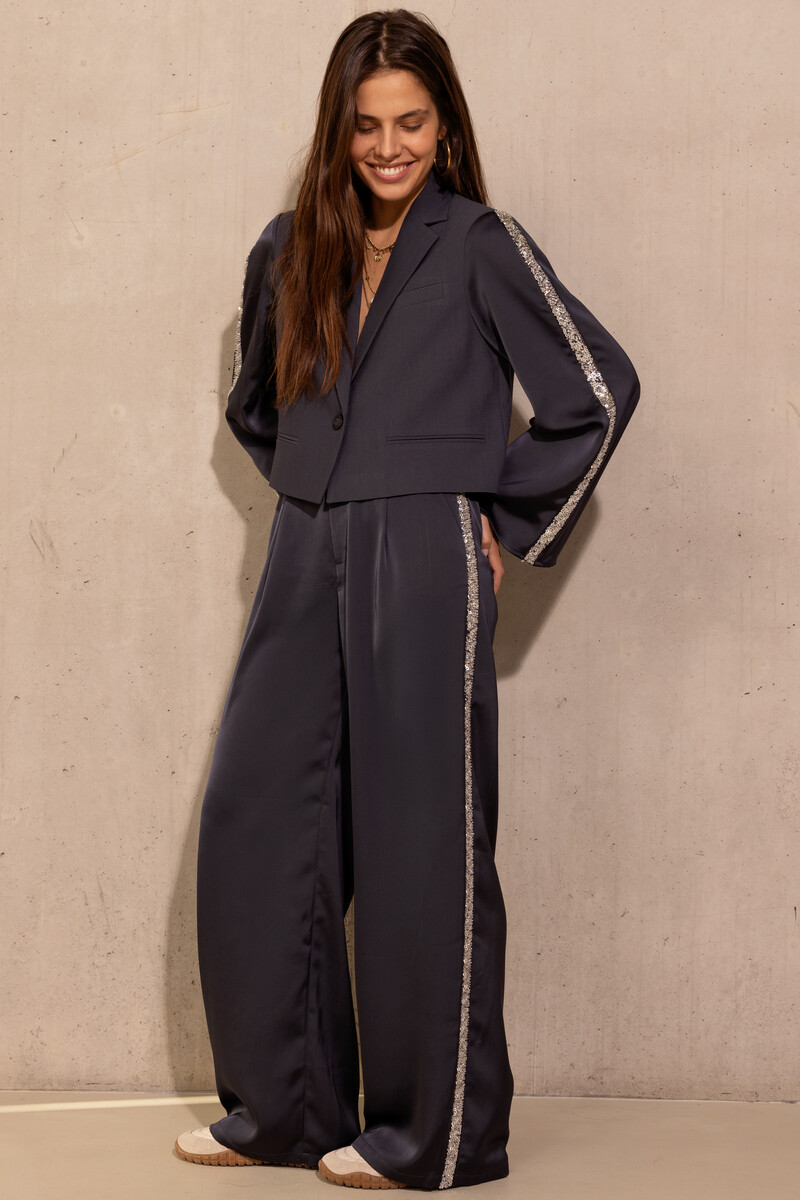 Grey wide satin pants with sequin tapes | My Jewellery