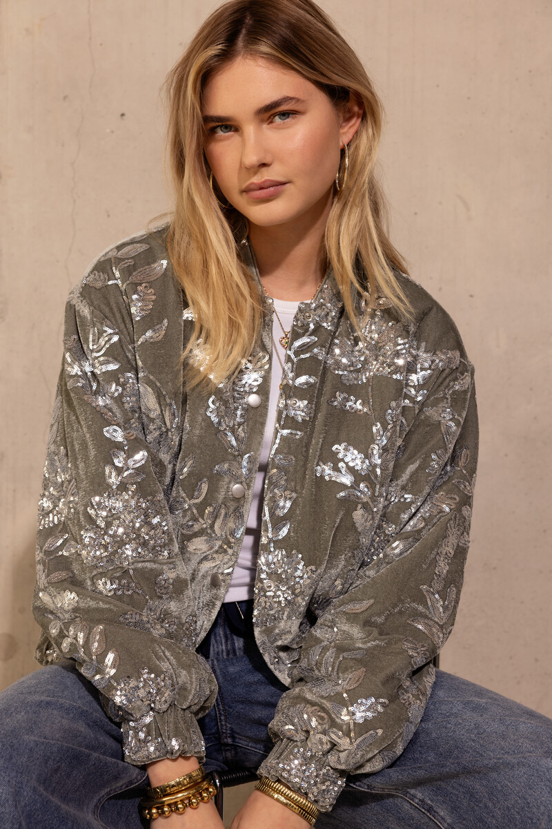 Green velvet bomber with sequins | My Jewellery