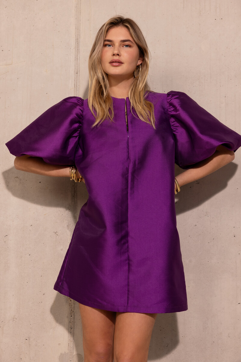 Purple dress with short puff sleeves | My Jewellery