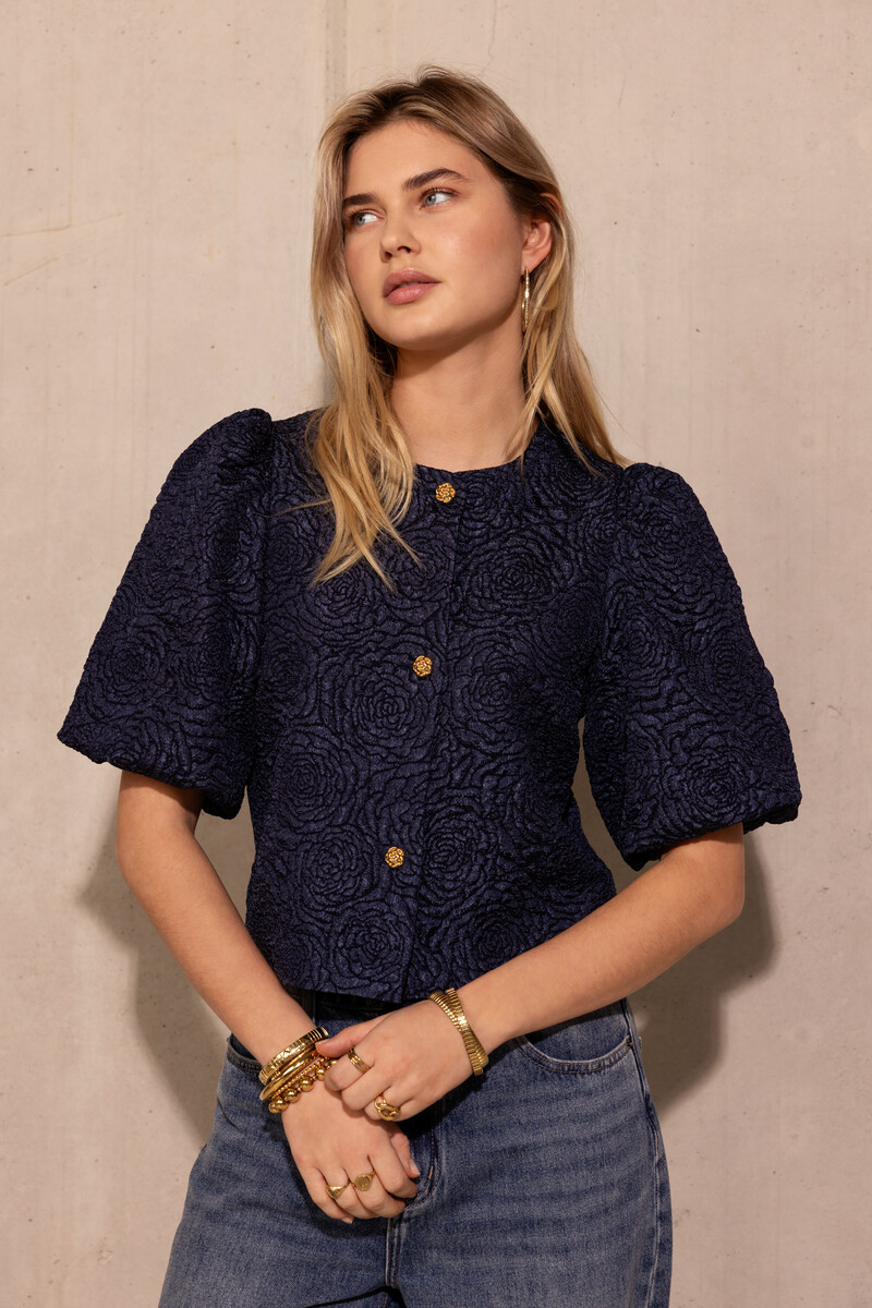 Dark blue jacquard top with roses | My Jewellery