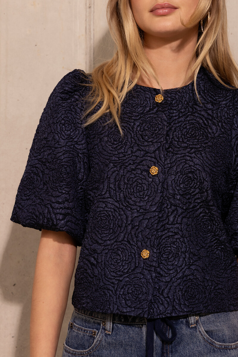 Dark blue jacquard top with roses | My Jewellery
