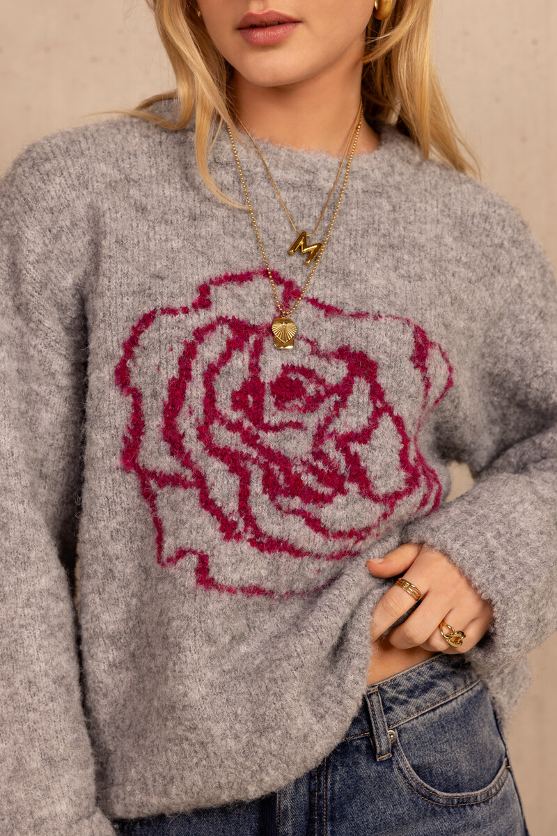 Grey sweater with rose artwork | My Jewellery
