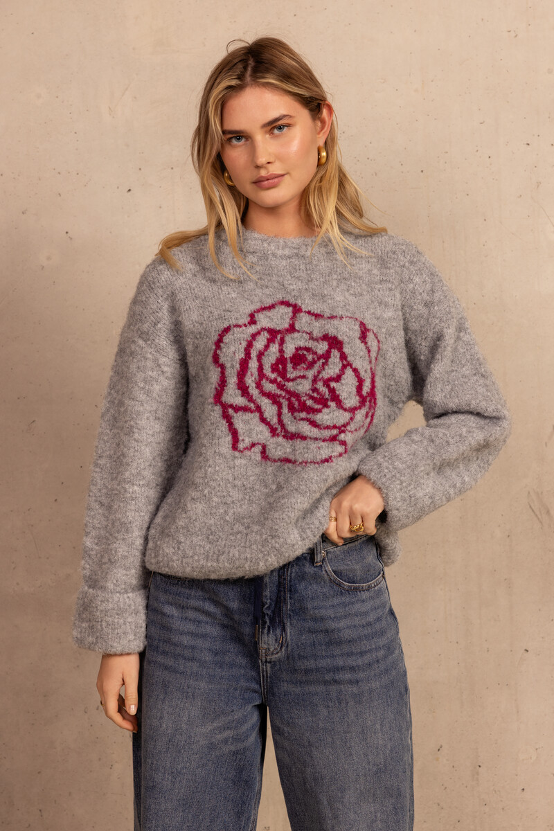 Grey sweater with rose artwork | My Jewellery
