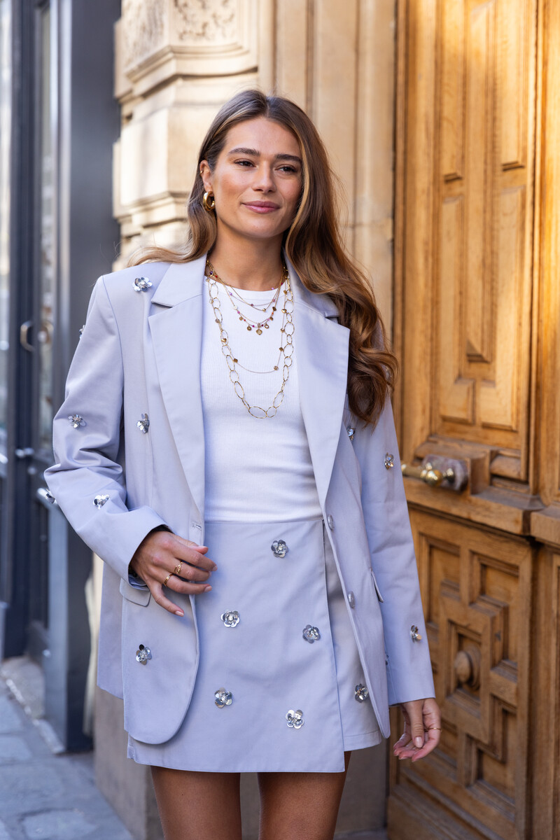 Gray blazer with silver coloured 3D flowers | My Jewellery