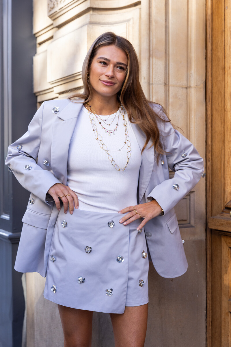 Gray blazer with silver coloured 3D flowers | My Jewellery