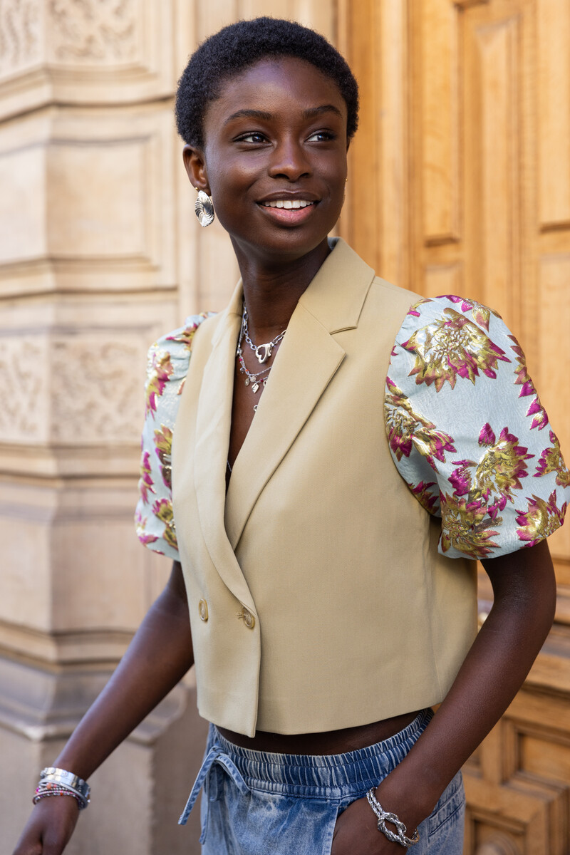 Green jacquard blazer with short sleeves | My Jewellery