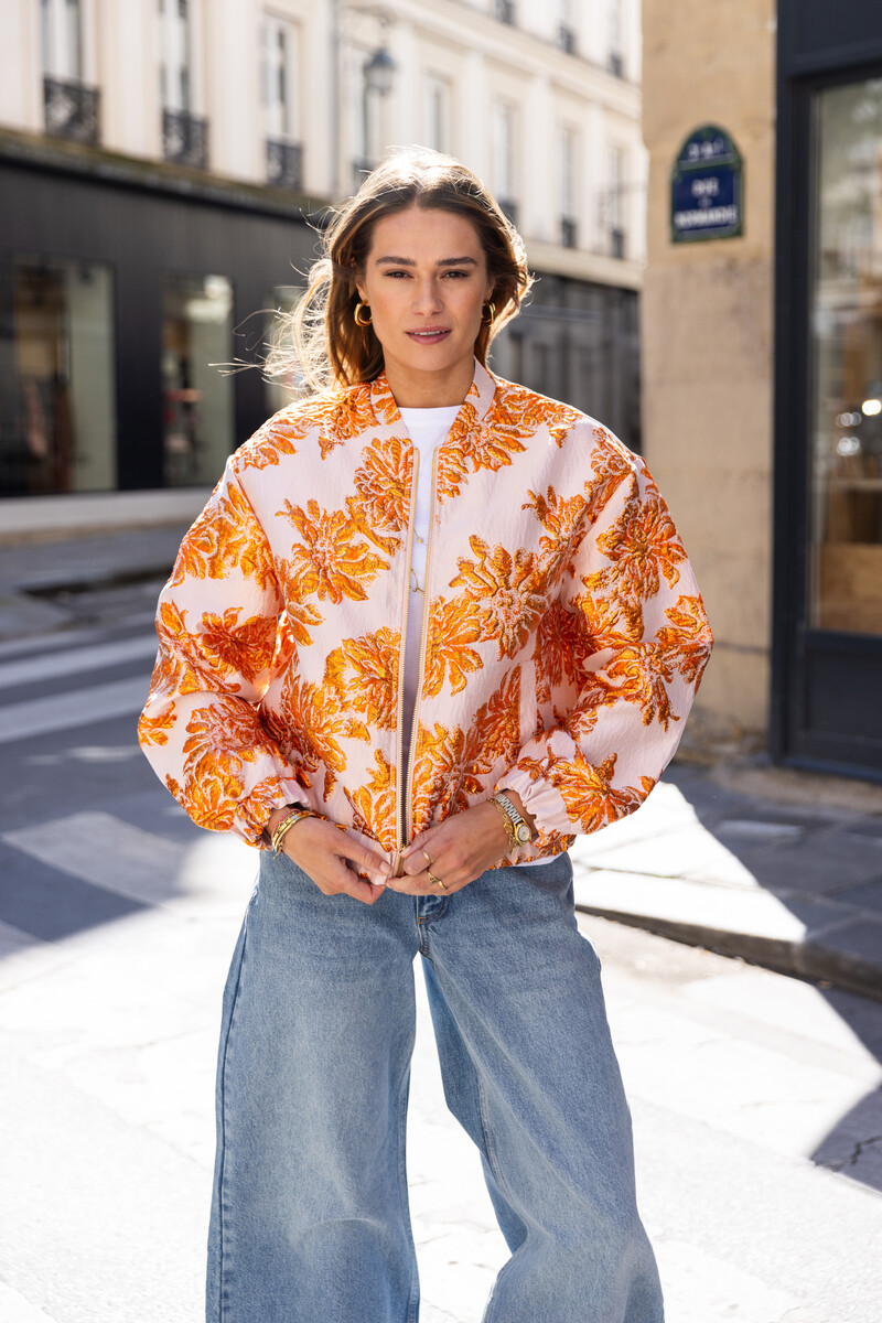 Orange jacquard bomber with floral details | My Jewellery