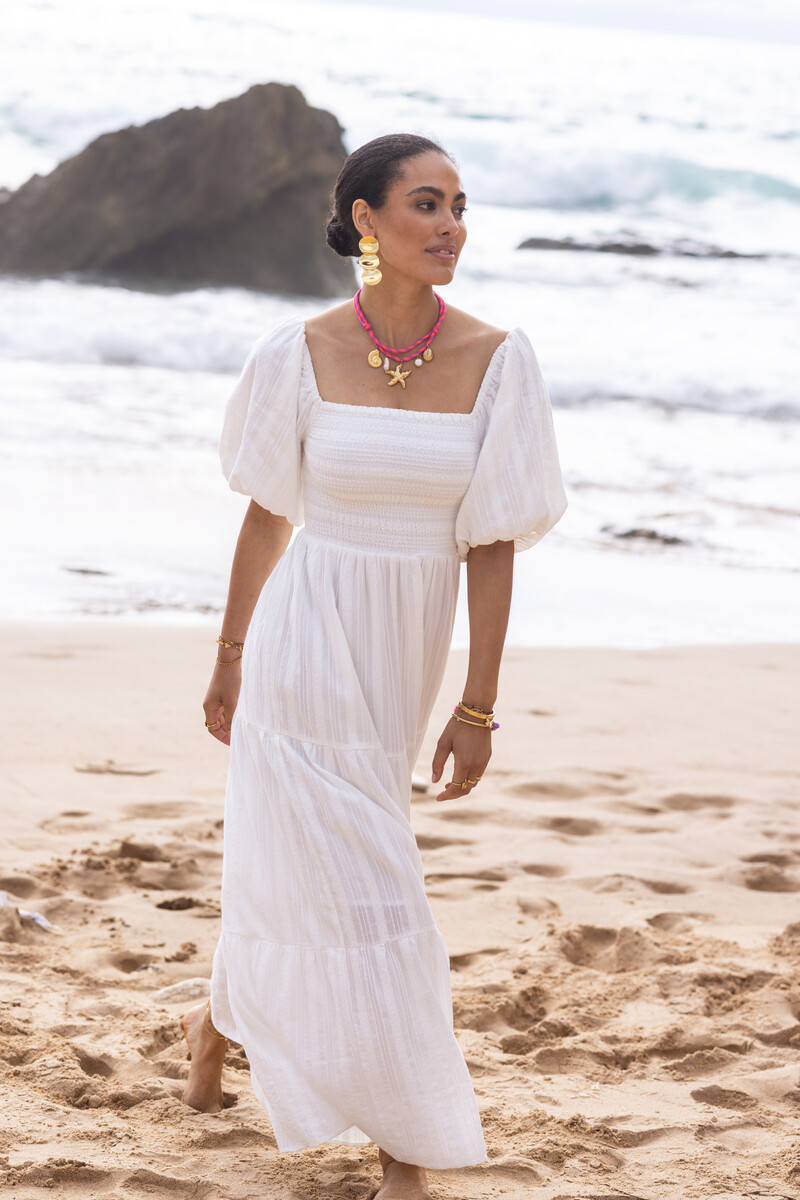White maxi dress with smock and puff sleeves | My Jewellery