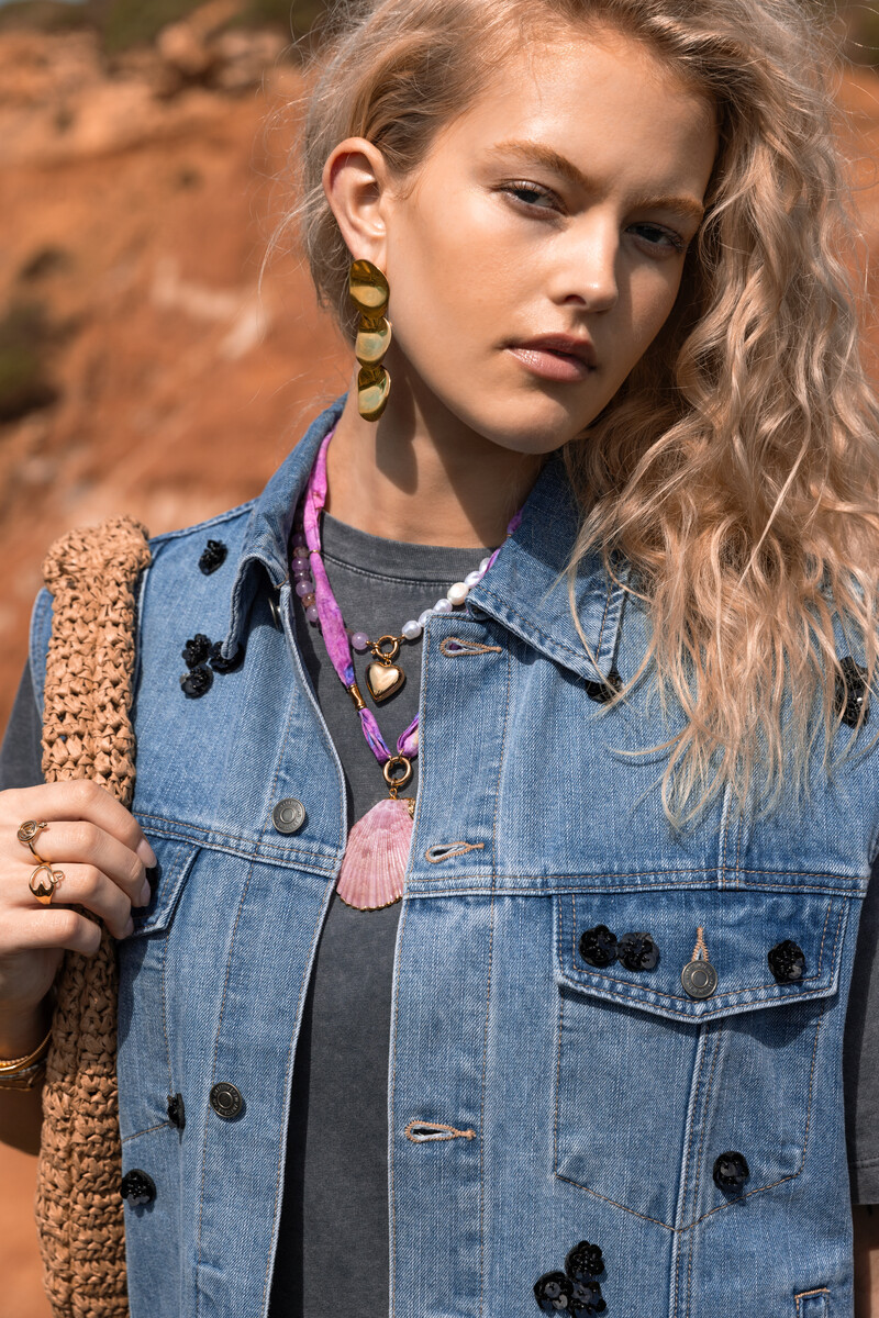 Blue denim vest with floral sequins | My Jewellery