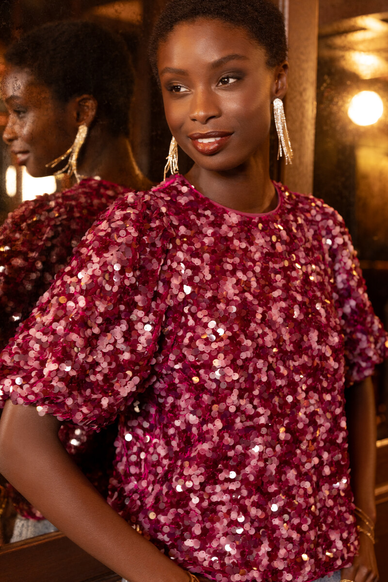 Purple top with puff sleeves and sequins | My Jewellery