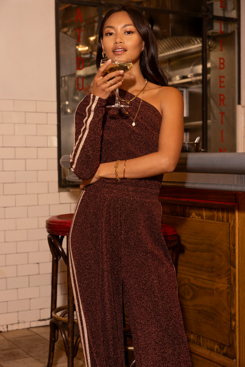 Brown lurex one-shoulder top with stripes | My Jewellery