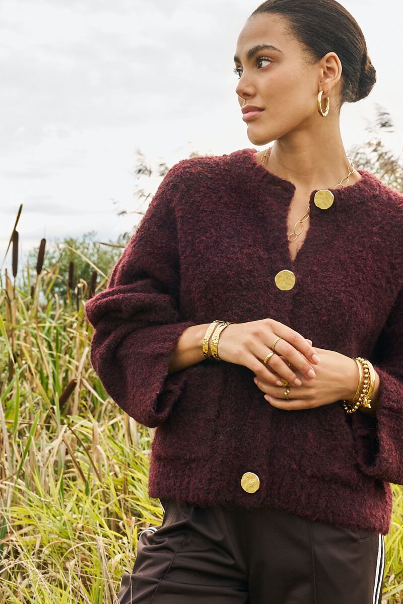 Brown bouclé cardigan with buttons and pockets | My Jewellery