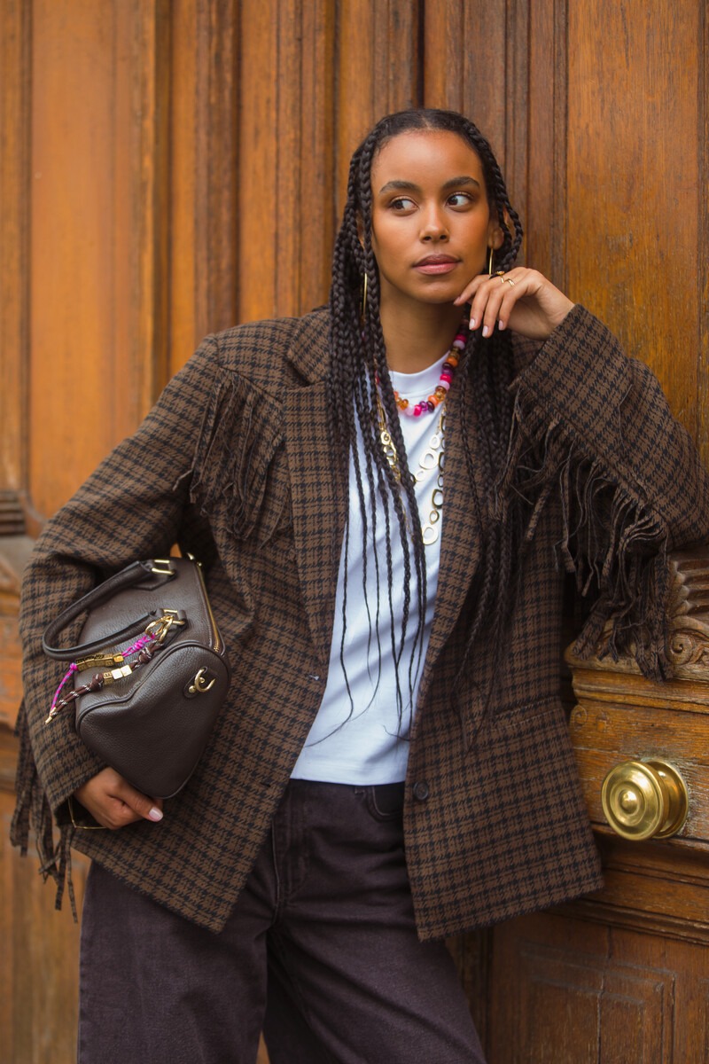 Brown checked blazer with fringes | My Jewellery