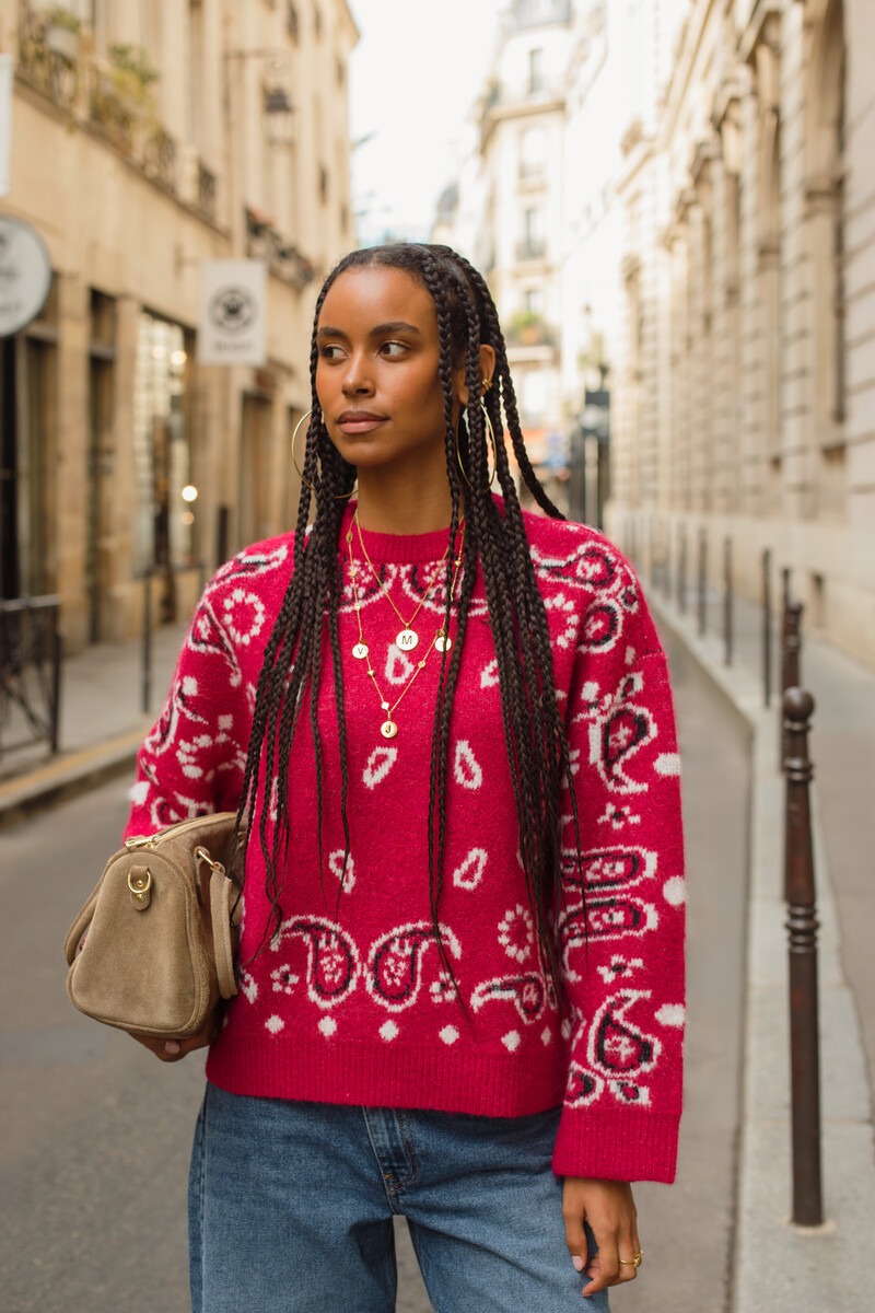 Pink brushed sweater with paisley print | My Jewellery