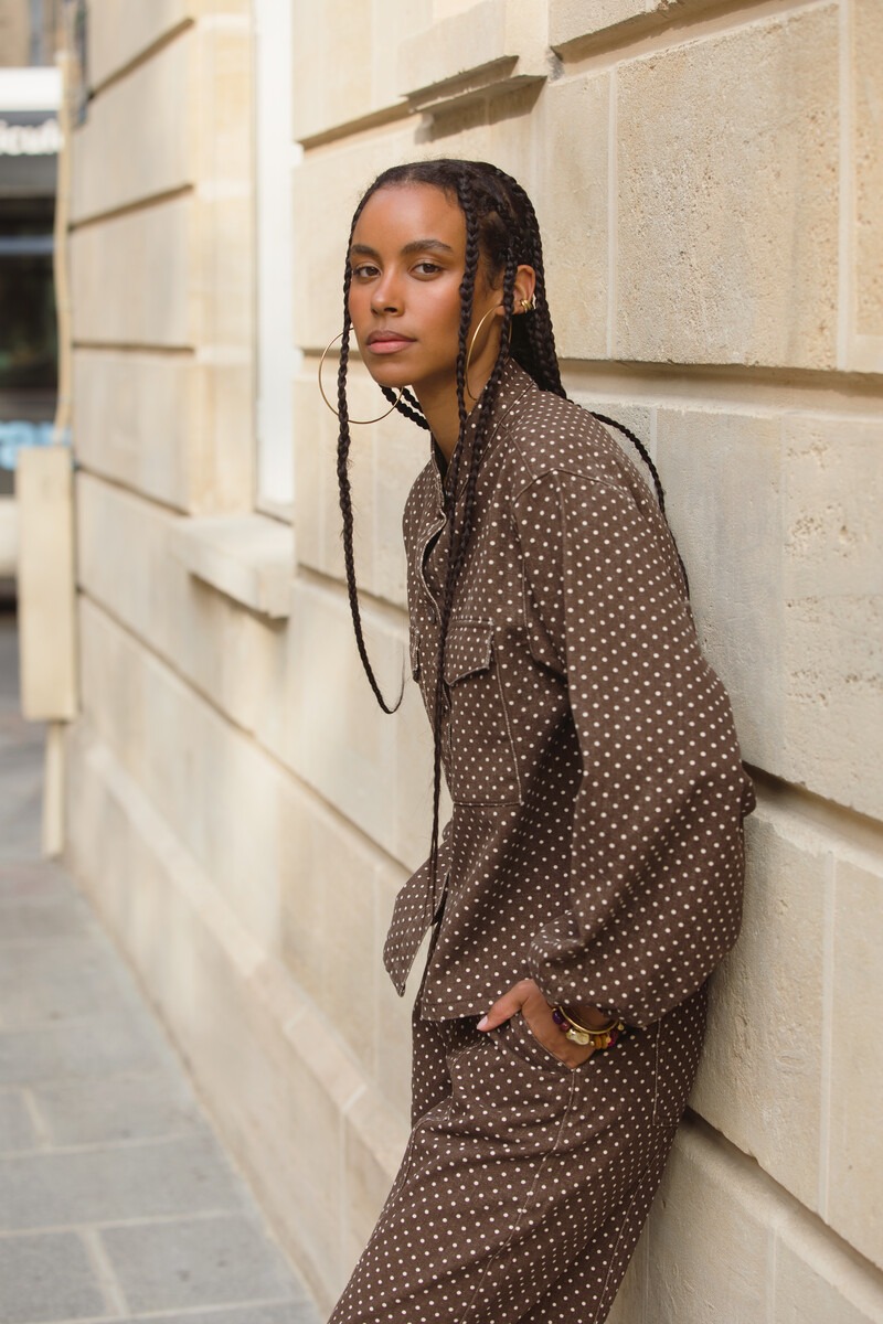 Dark brown denim jacket with polka dots | My Jewellery