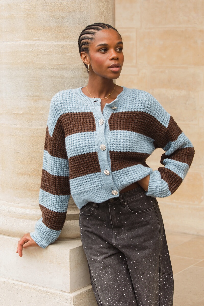 Blue striped cardigan with rhinestone buttons | My Jewellery