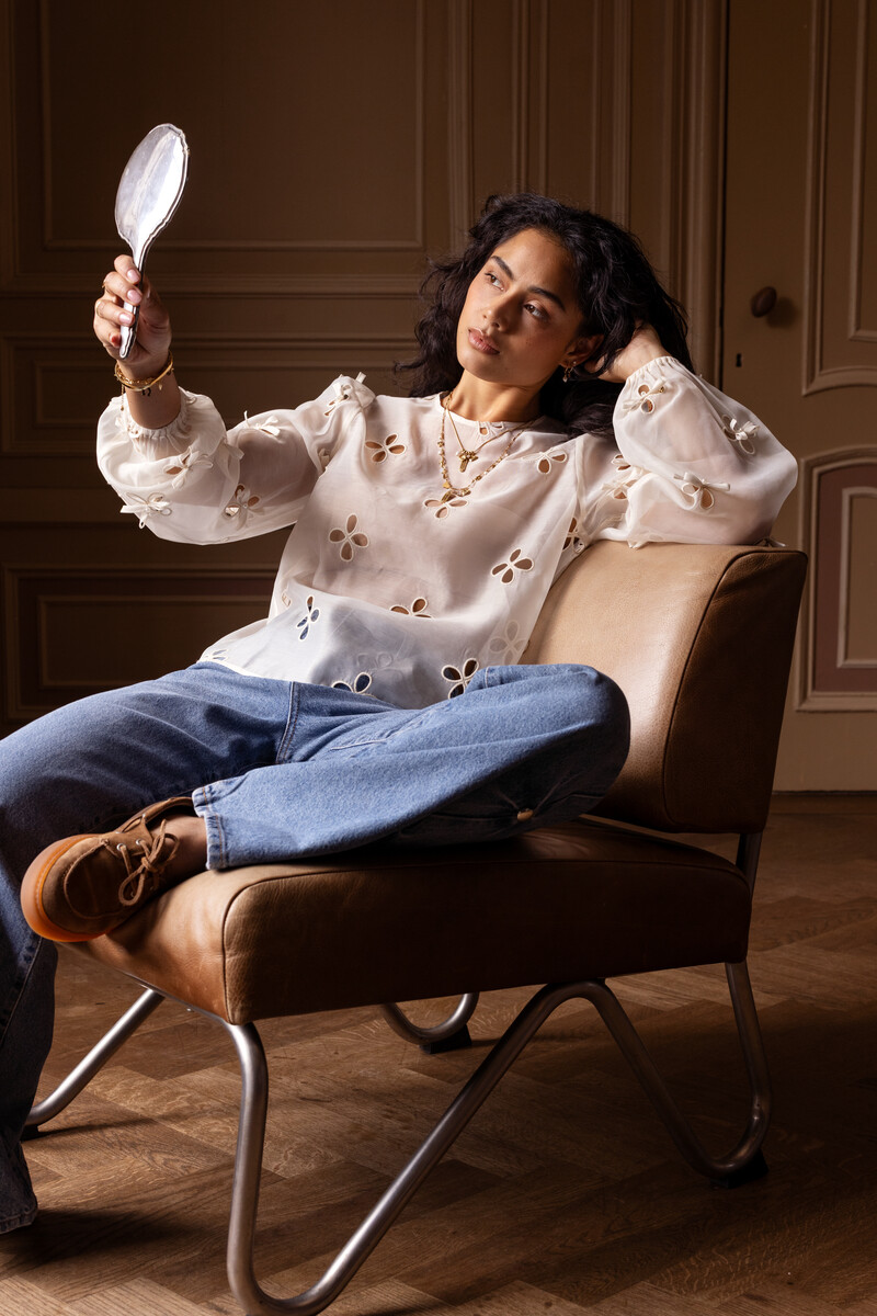 Beige top with broderie anglaise and bows | My Jewellery