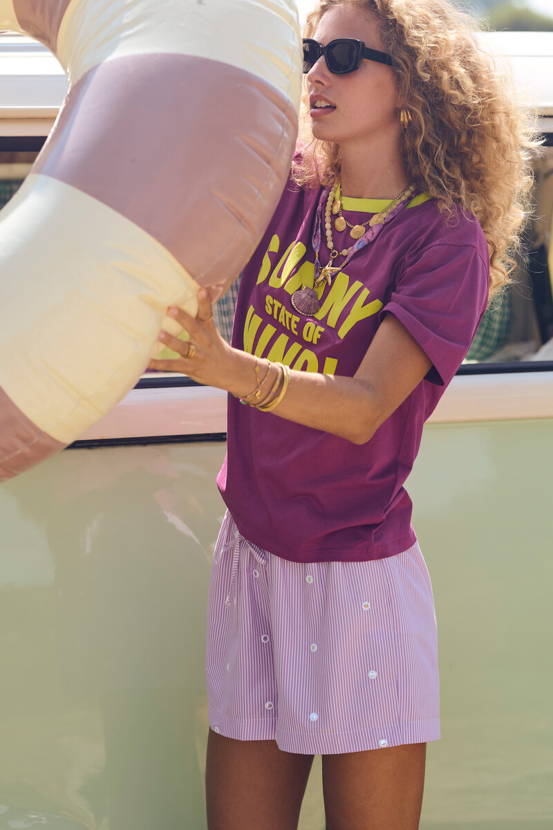 Lilac striped shorts with round mirrors | My Jewellery