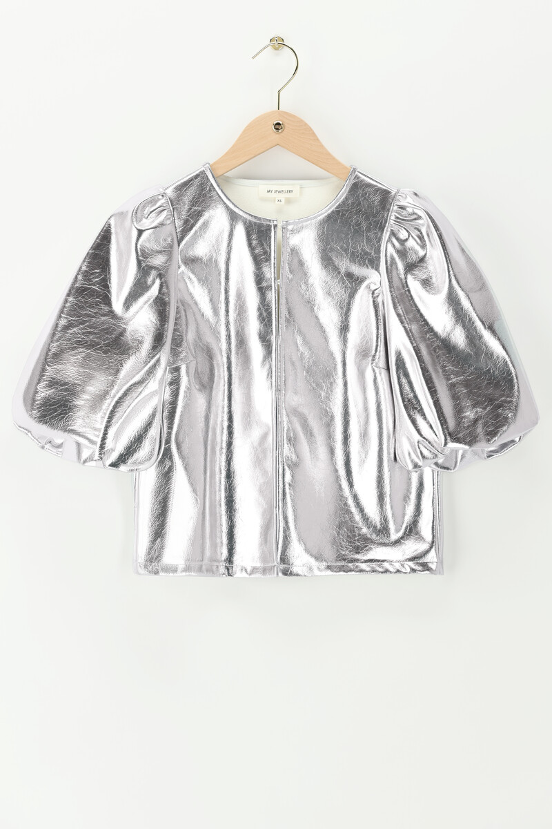 Silver-coloured metallic PU top with puff sleeves | My Jewellery