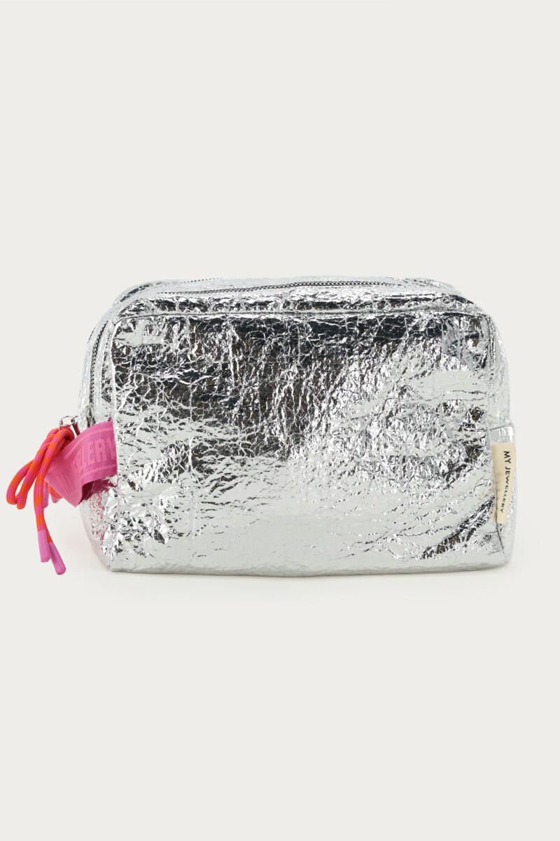 Silver-coloured toiletry bag with pink bow | My Jewellery