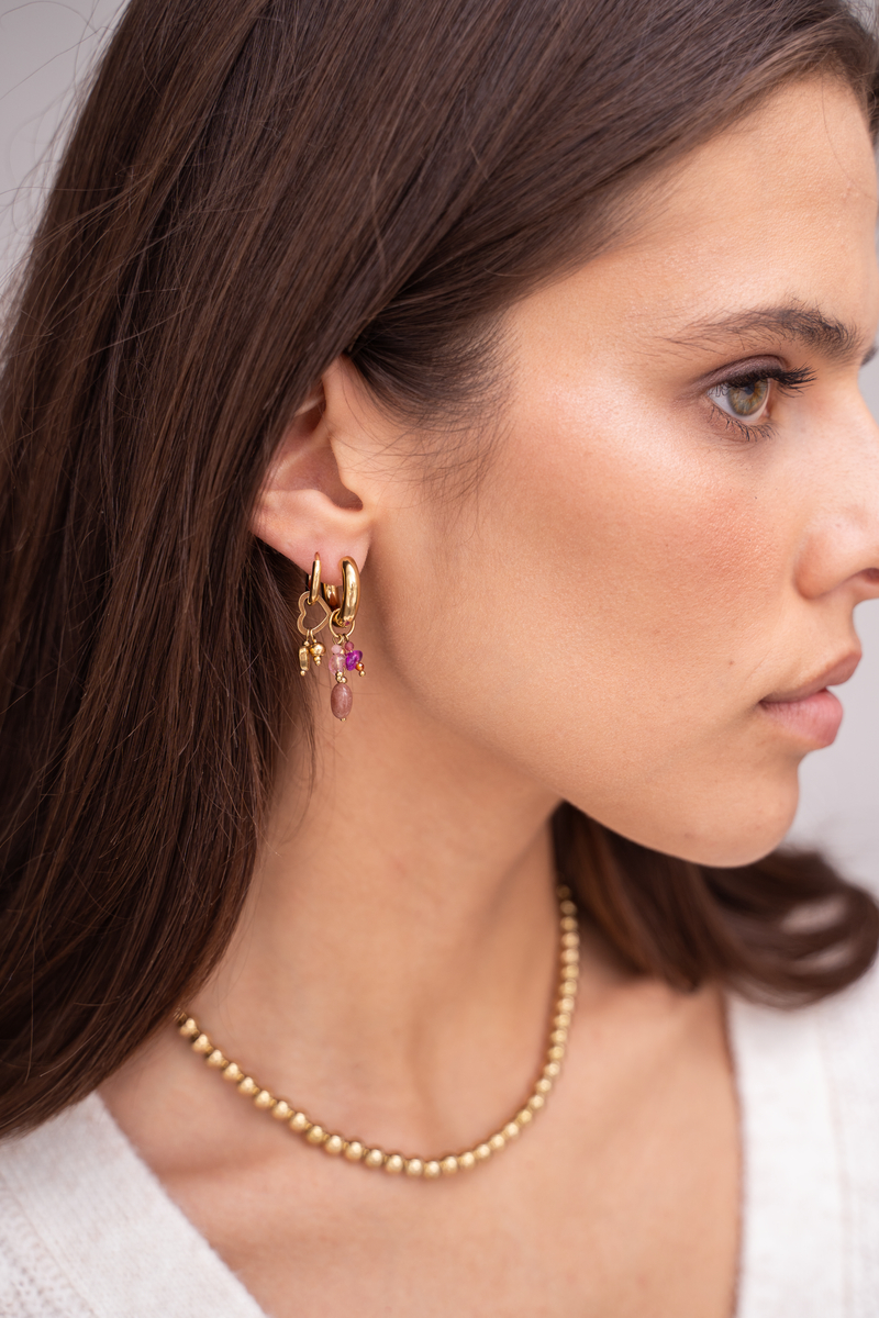 small hoop earrings with pink & brown rhinestones
