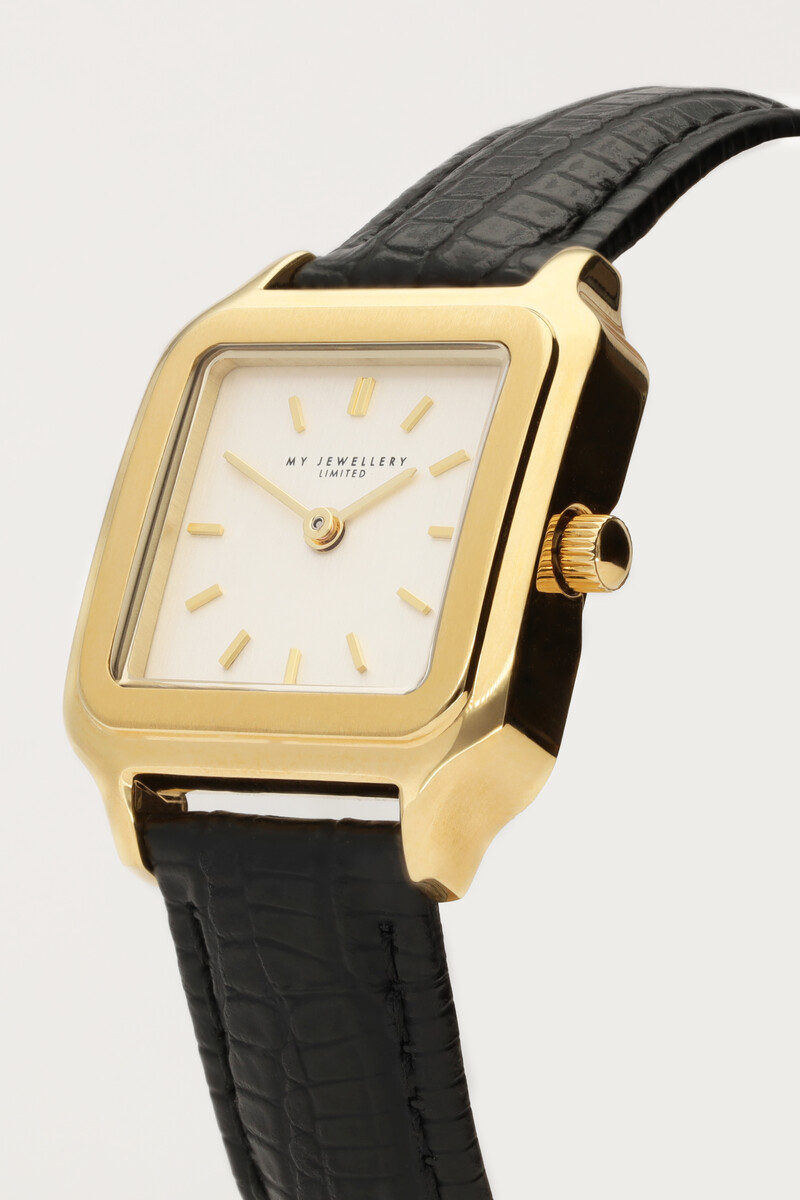 Square watch with black leather strap | My Jewellery