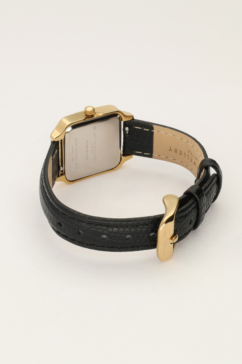 Square watch with black leather strap | My Jewellery