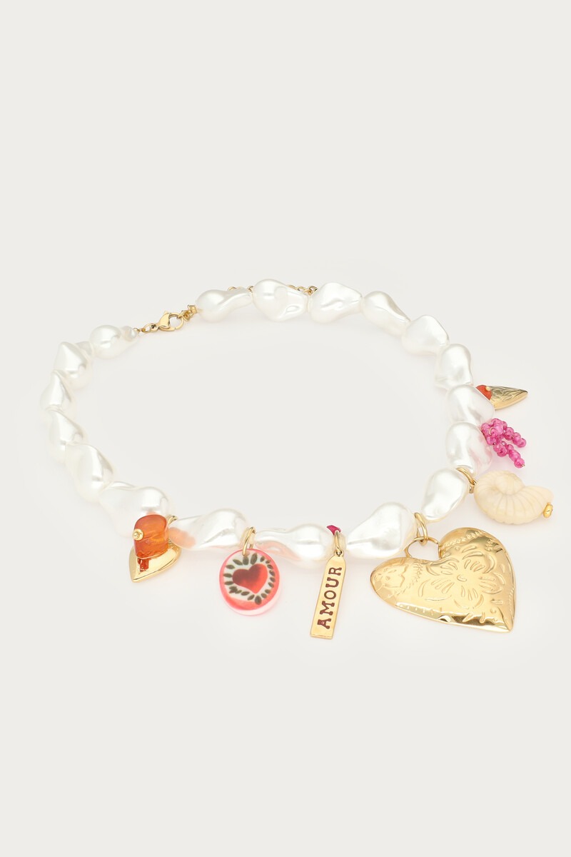 Statement charm necklace with faux pearls and hearts | My Jewellery