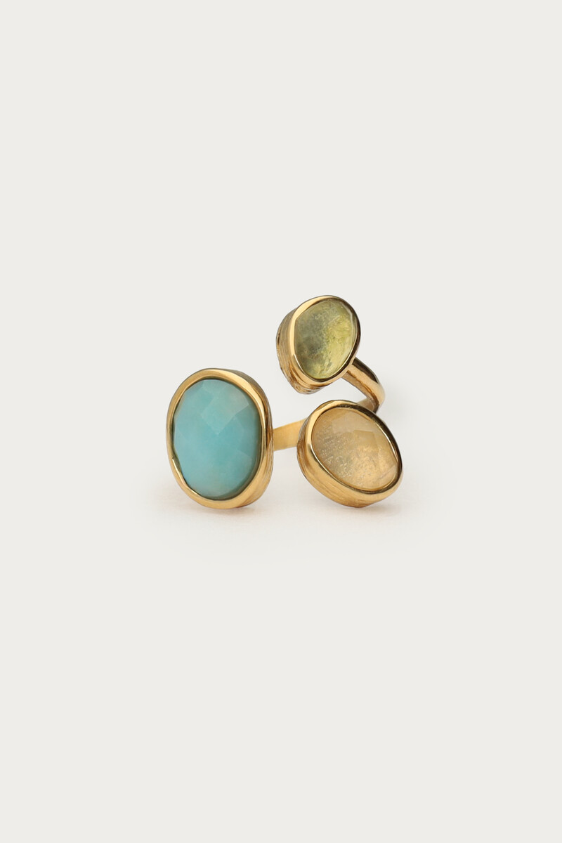 Art Statement Ring mit drei blauen Kunstperlen