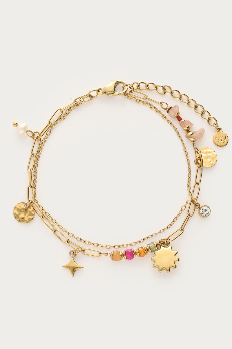 Sunrocks dubbele armband met multikleur kralen en zon bedel