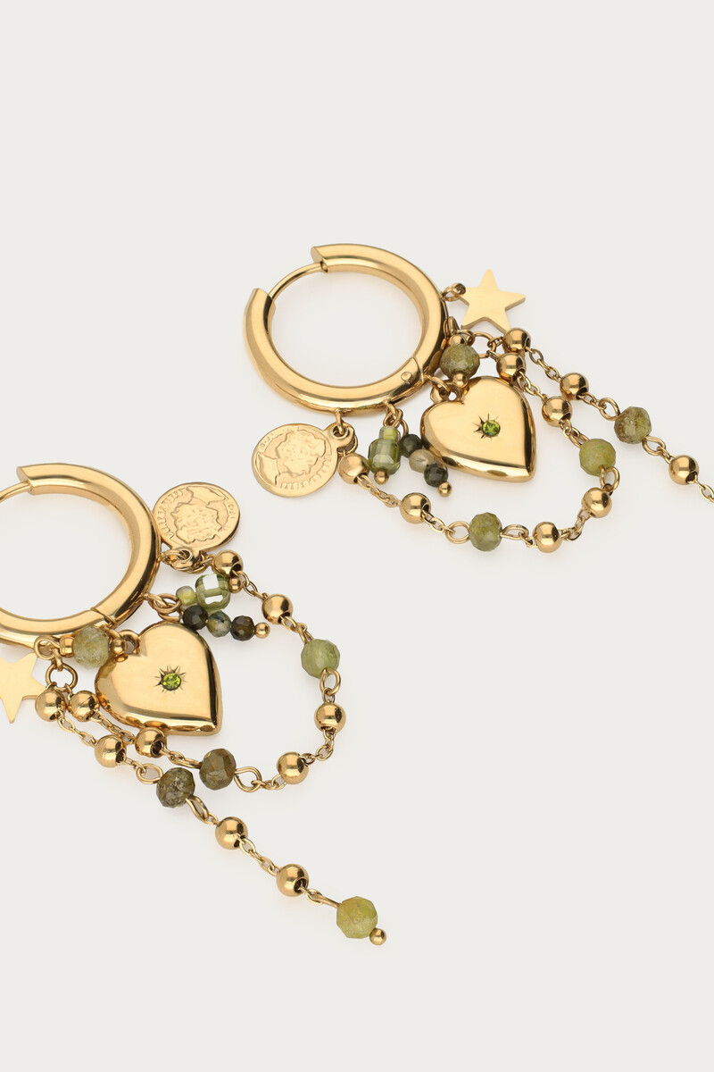 Sunrocks hoop earrings with heart and green beads