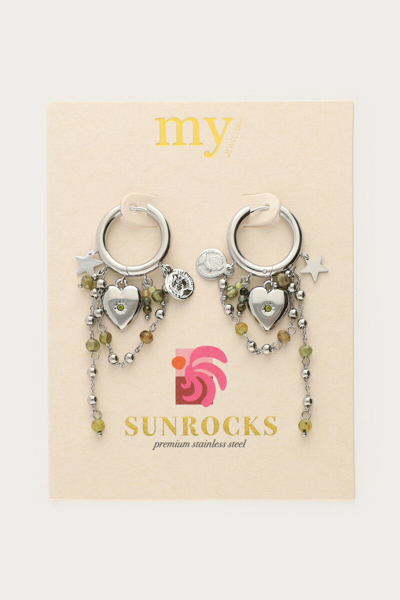 Sunrocks hoop earrings with heart and green beads