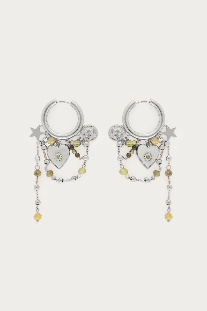 Sunrocks hoop earrings with heart and green beads