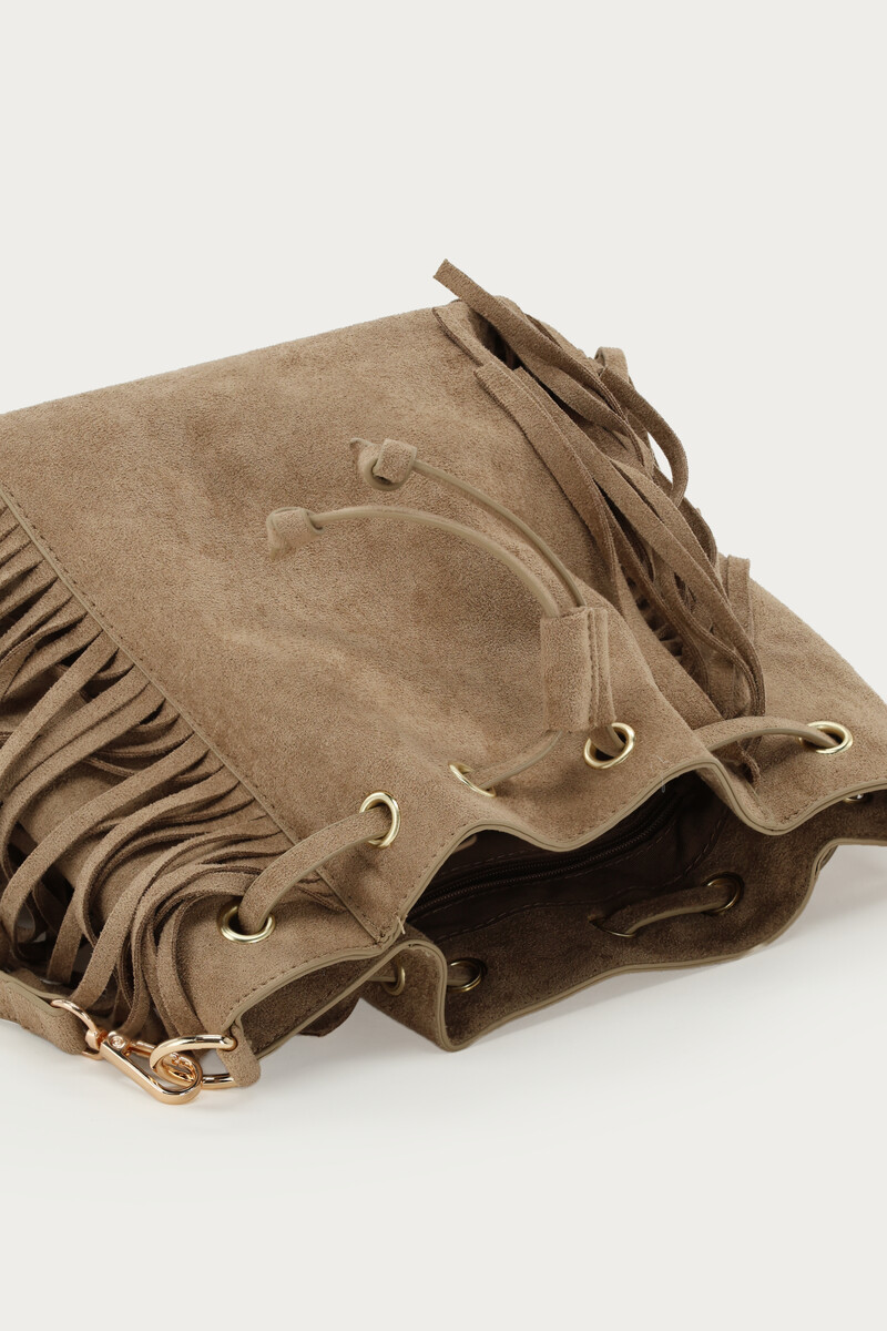 Taupe crossbody bag in suede look with fringes | My Jewellery