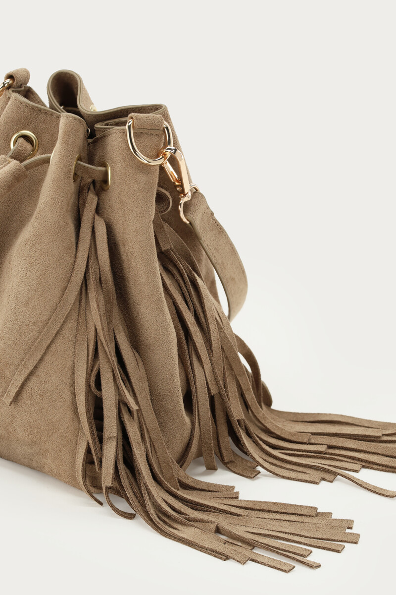 Taupe crossbody bag in suede look with fringes | My Jewellery