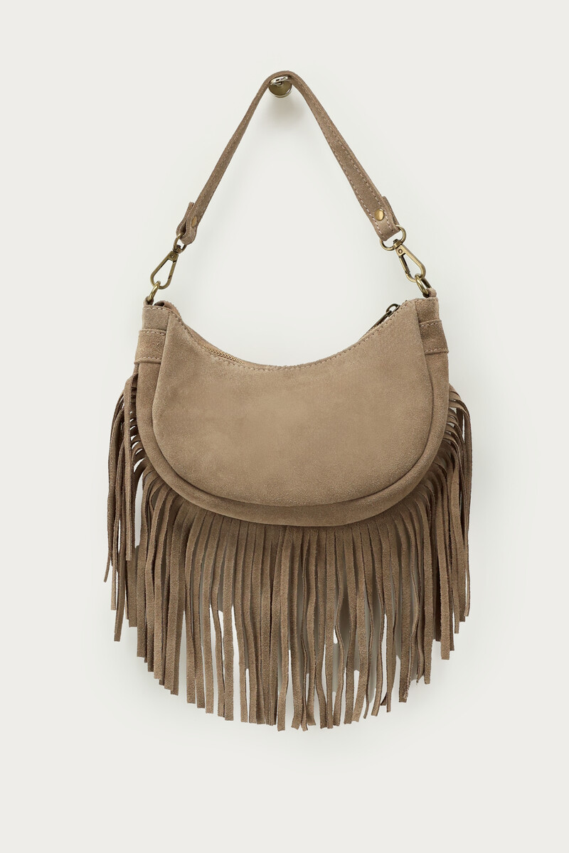 Taupe suede shoulder bag with fringes | My Jewellery