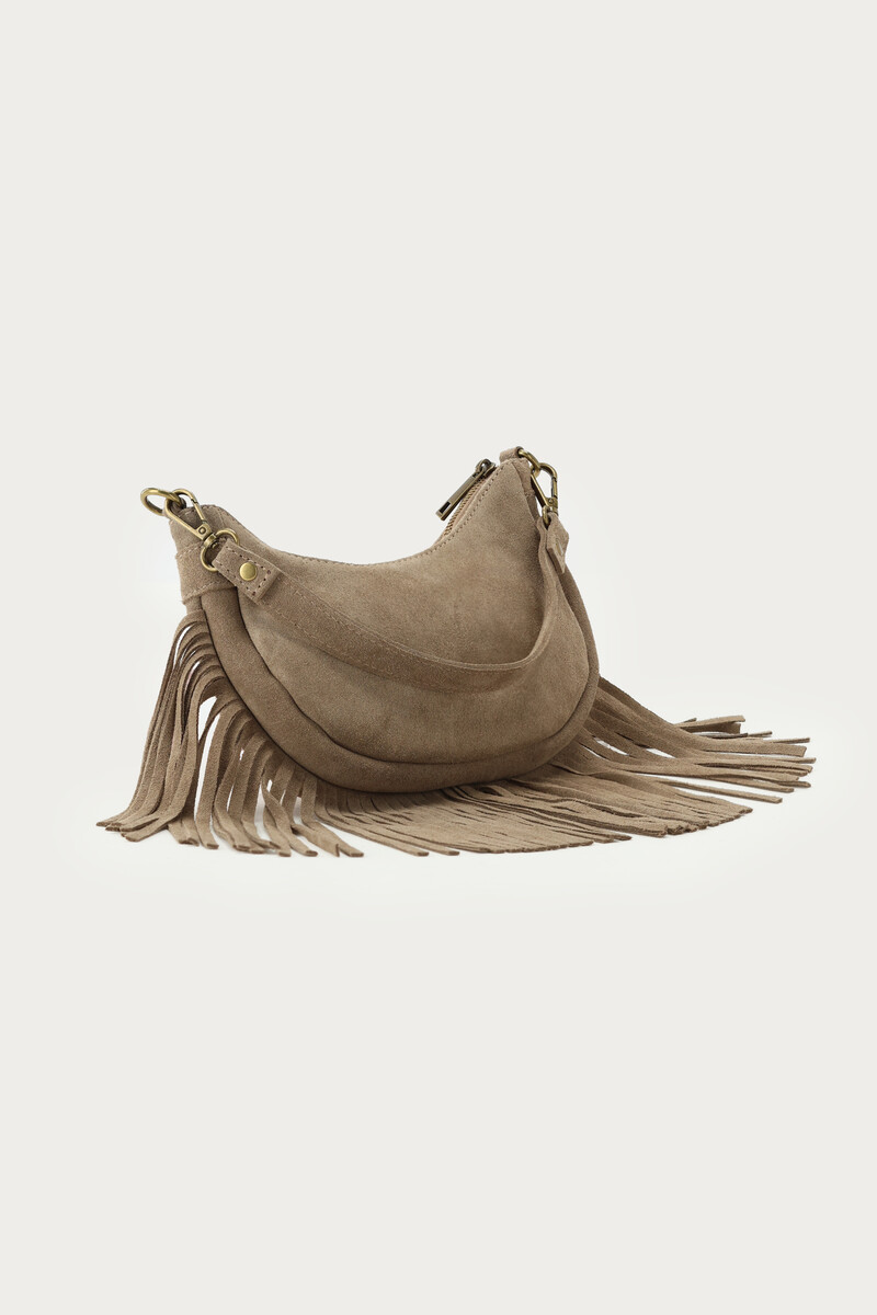 Taupe suede shoulder bag with fringes | My Jewellery