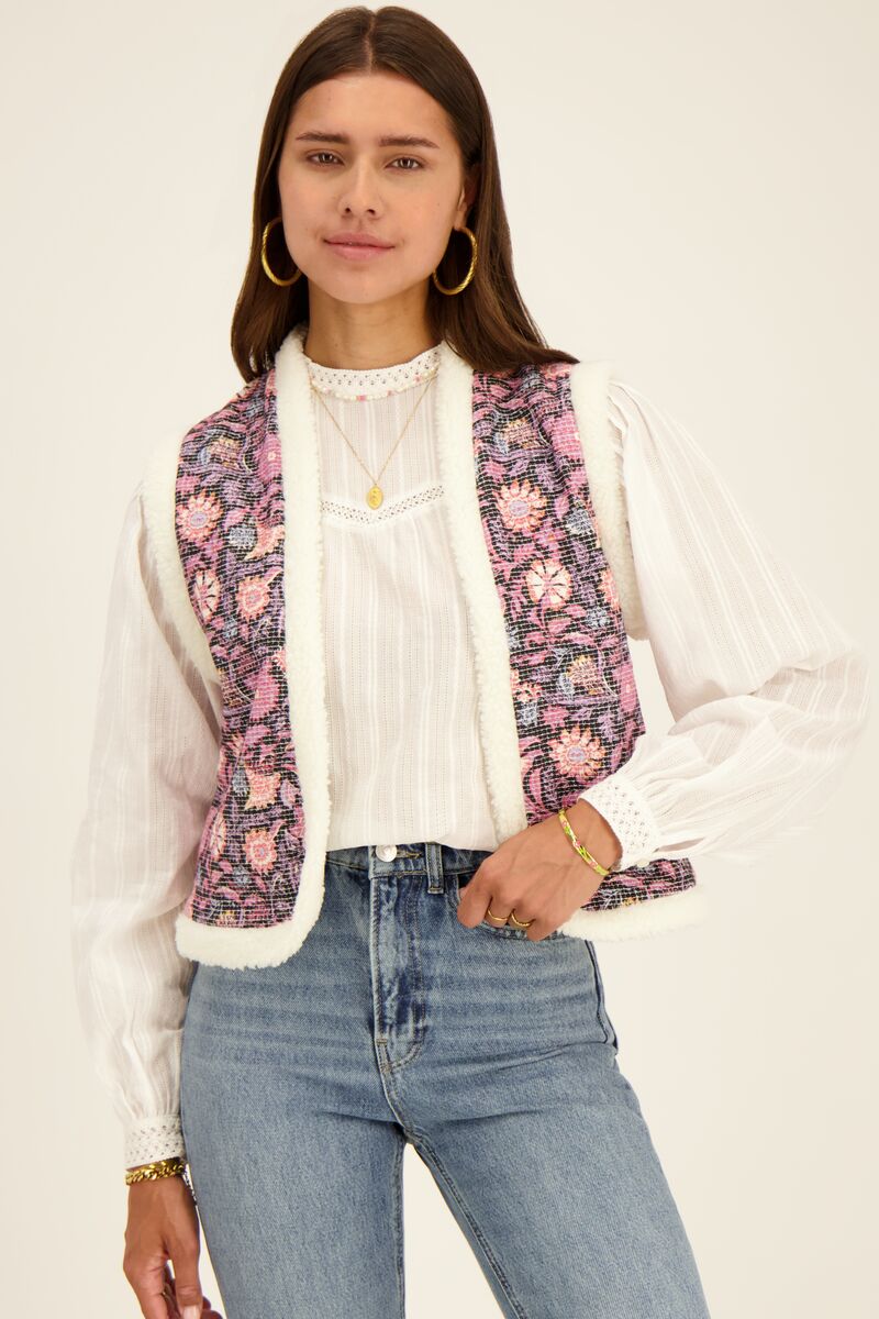 Teddy gilet met paarse bloemenprint