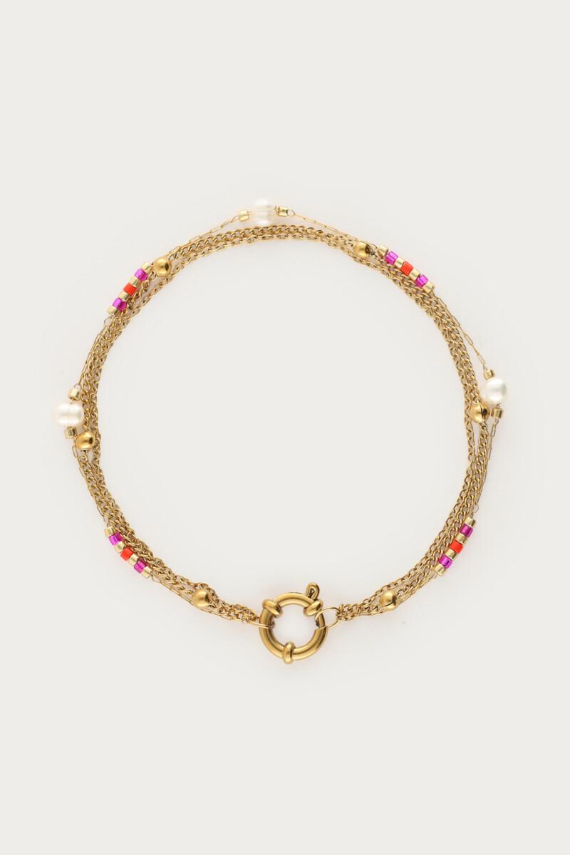 Sunrocks driedubbele armband met roze kralen & zoetwaterparels