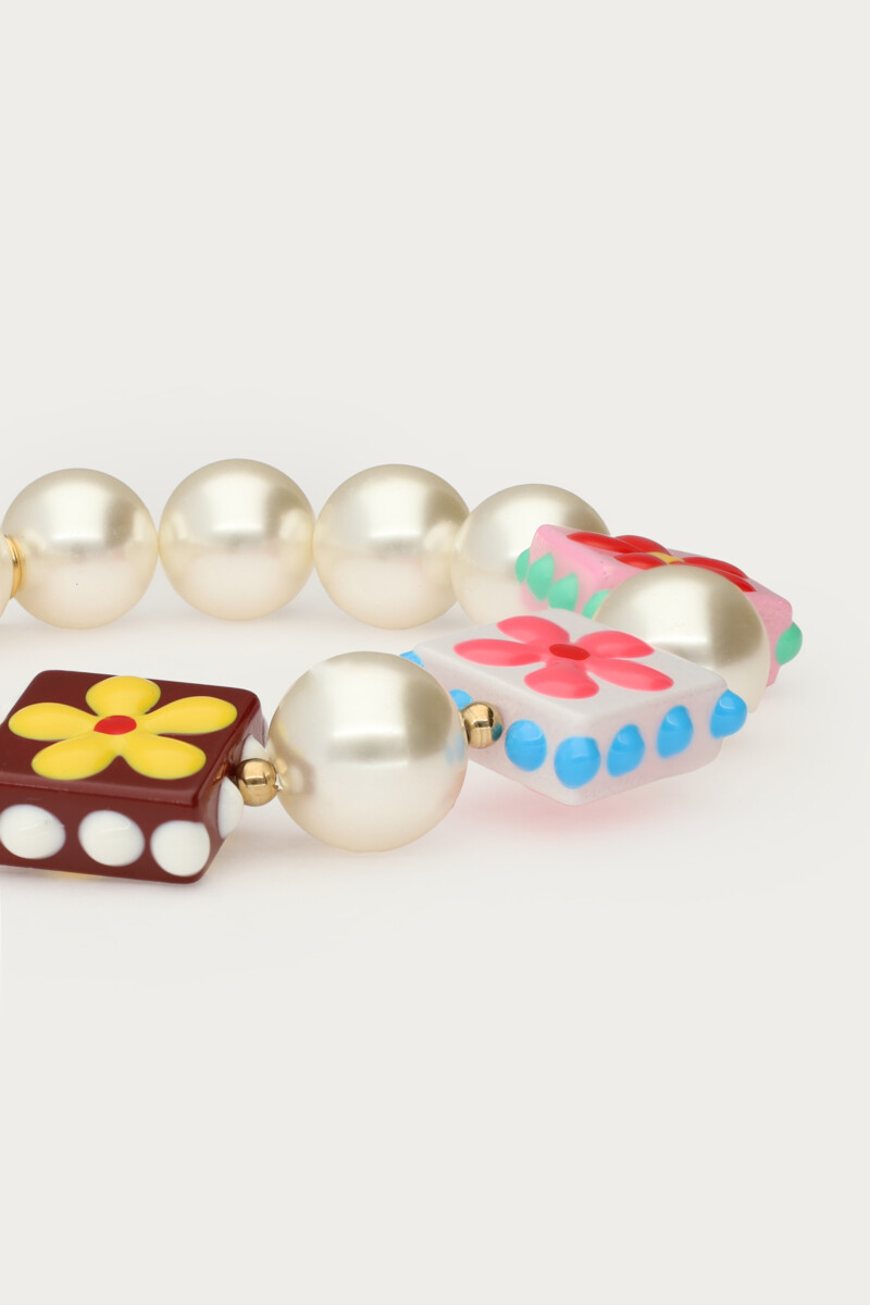 Tropical elastic bracelet with faux pearls and square flowers | My Jewellery