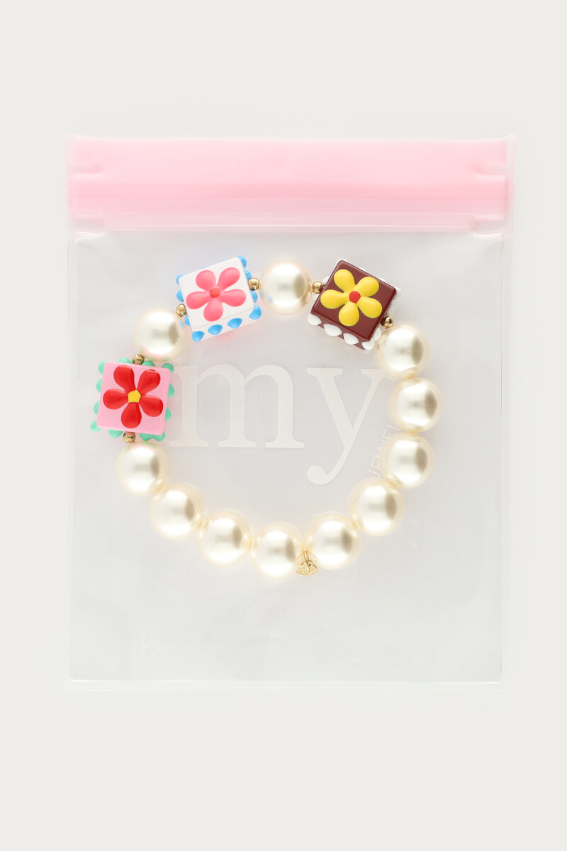 Tropical elastic bracelet with faux pearls and square flowers | My Jewellery