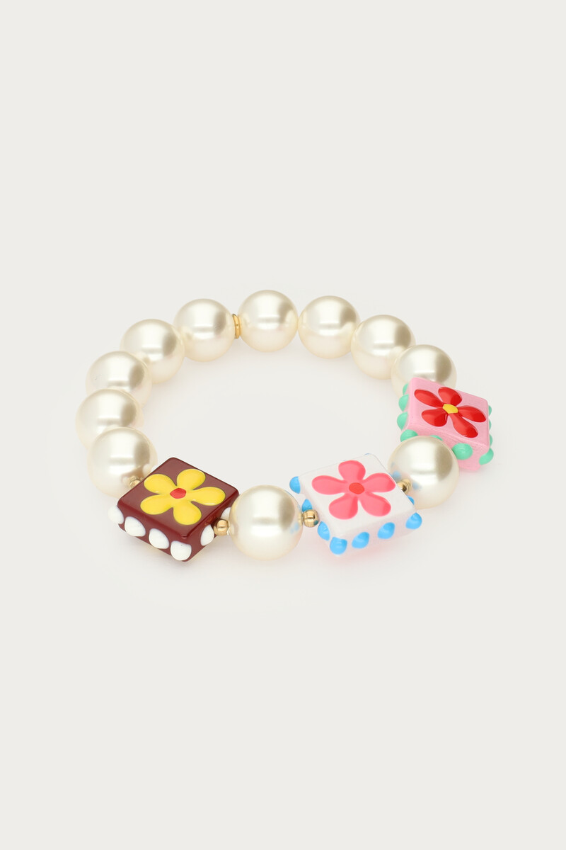 Tropical elastic bracelet with faux pearls and square flowers | My Jewellery