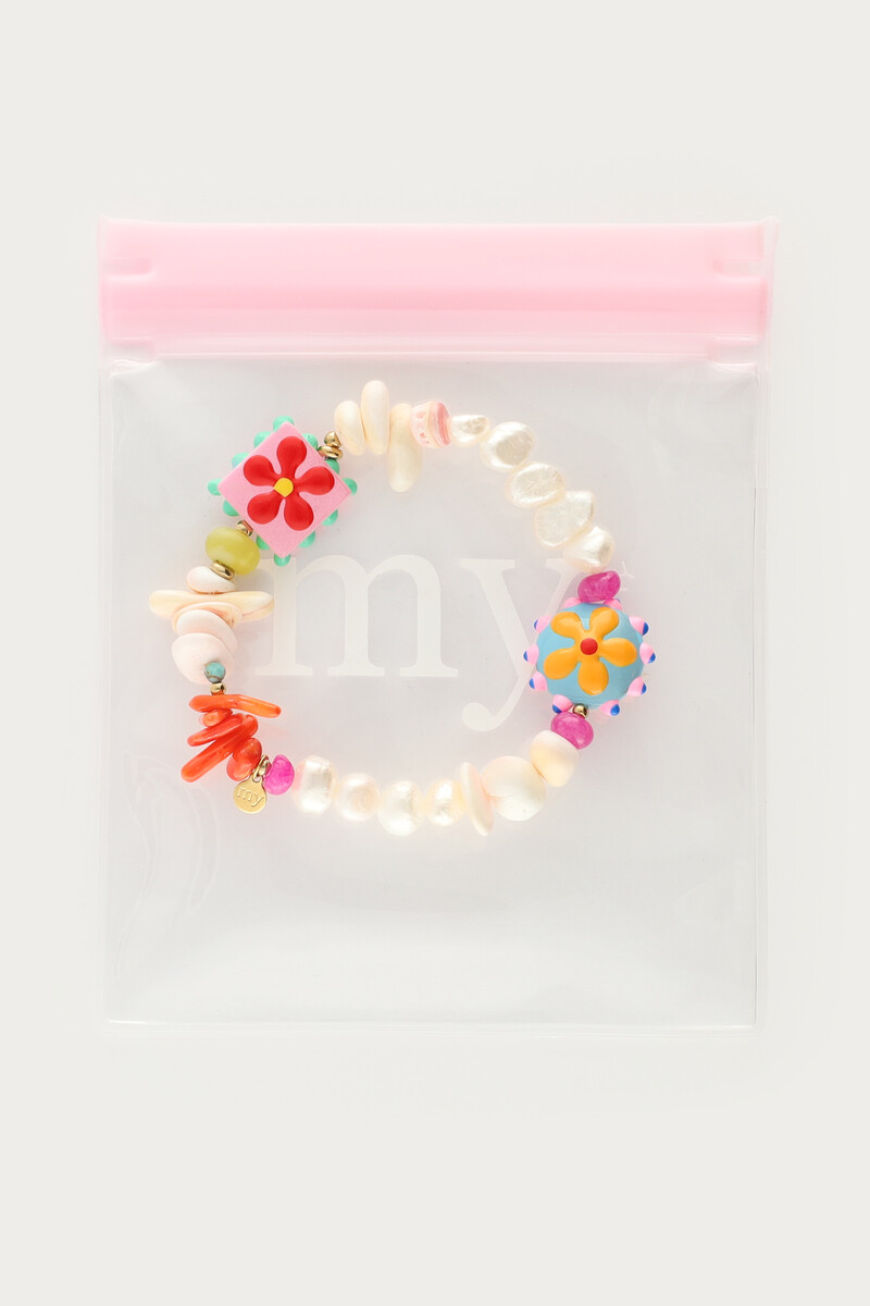 Tropical freshwater pearl elastic bracelet with shells and flowers | My Jewellery