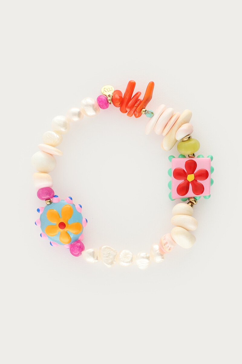 Tropical zoetwaterparel elastieken armband met schelpen en bloemen