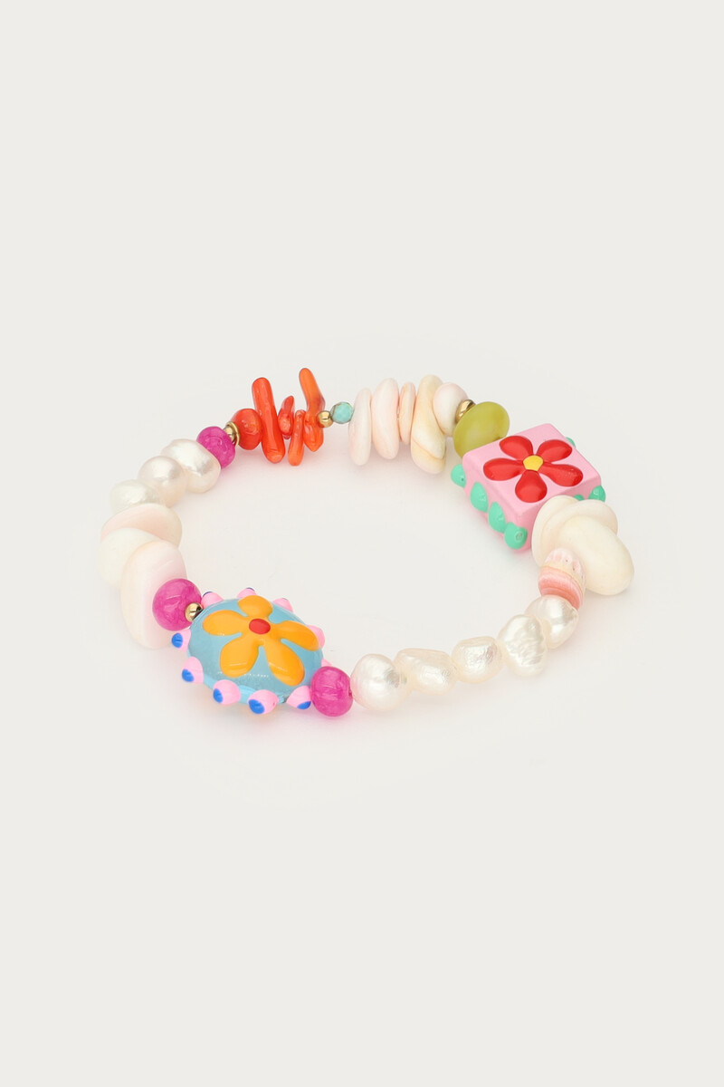 Tropical freshwater pearl elastic bracelet with shells and flowers | My Jewellery