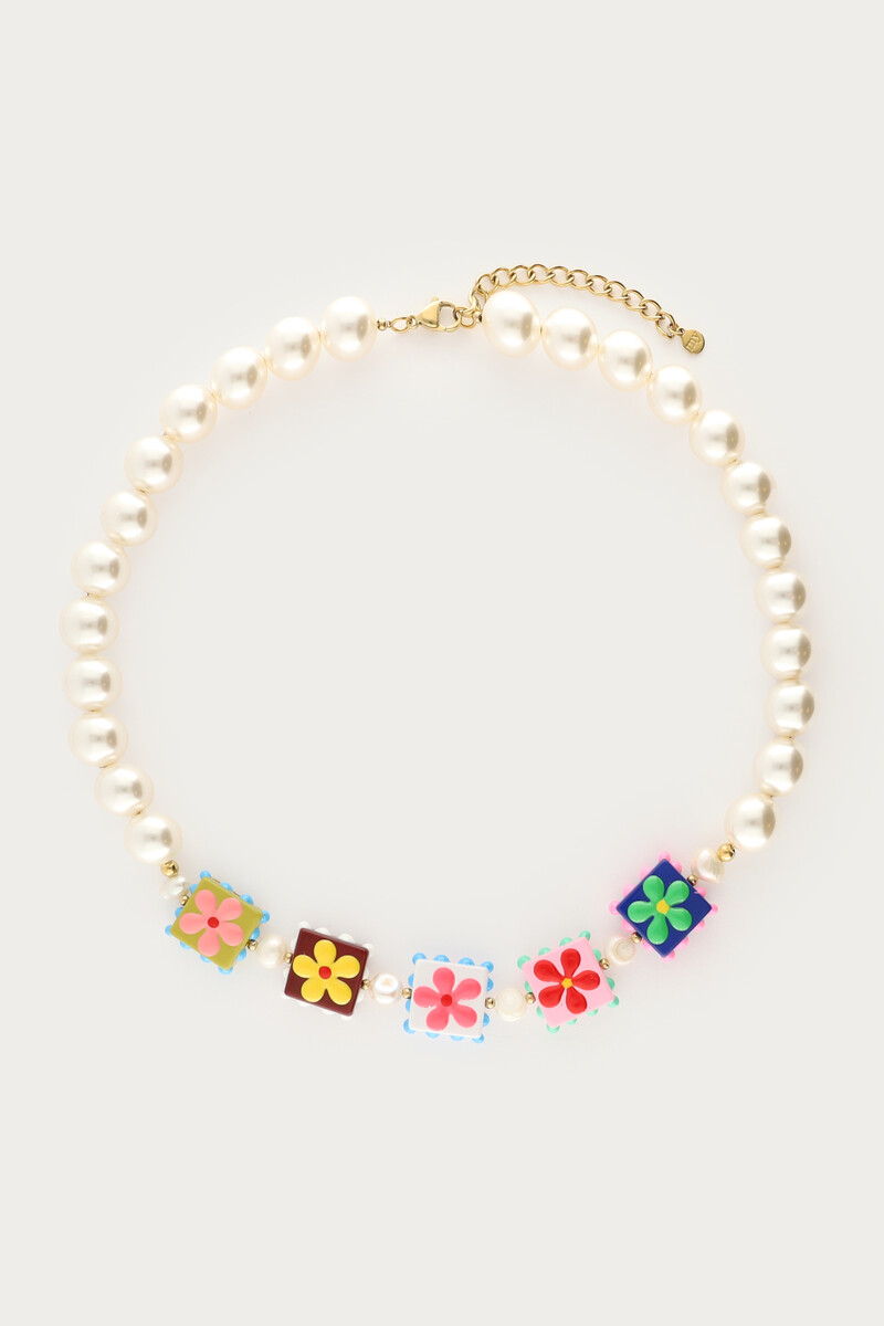 Tropical ketting met imitatieparels en vierkante bloemen