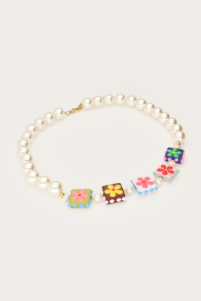 Tropical necklace with faux pearls and square flowers | My Jewellery