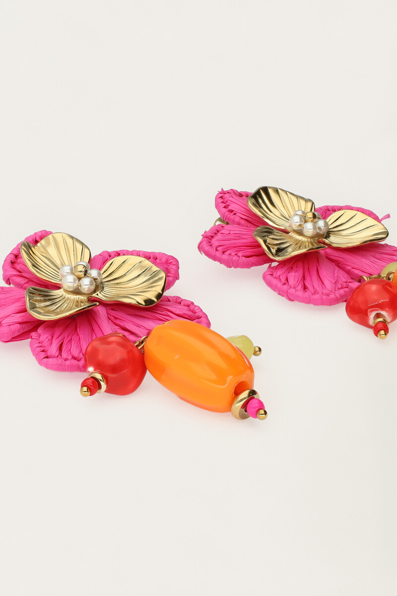 Tropical statement drop earrings with pink flower and beads | My Jewellery