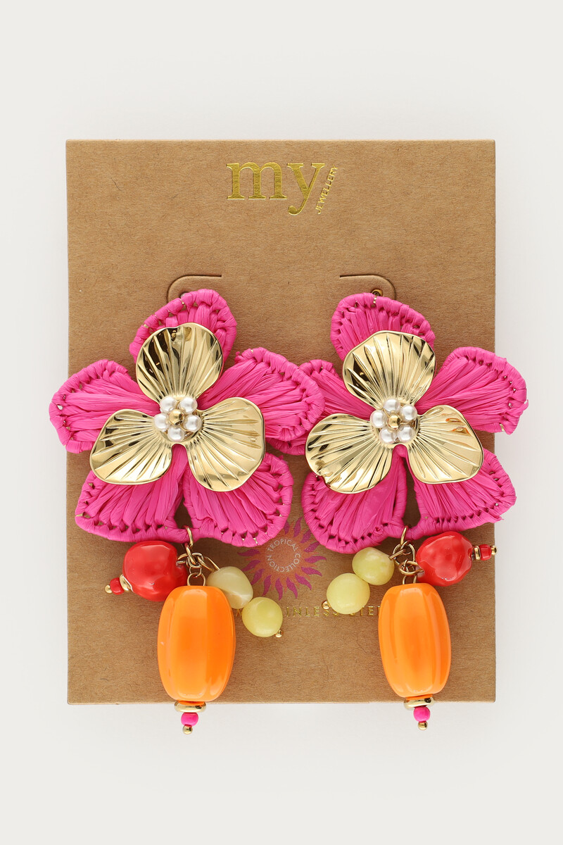 Tropical statement drop earrings with pink flower and beads | My Jewellery
